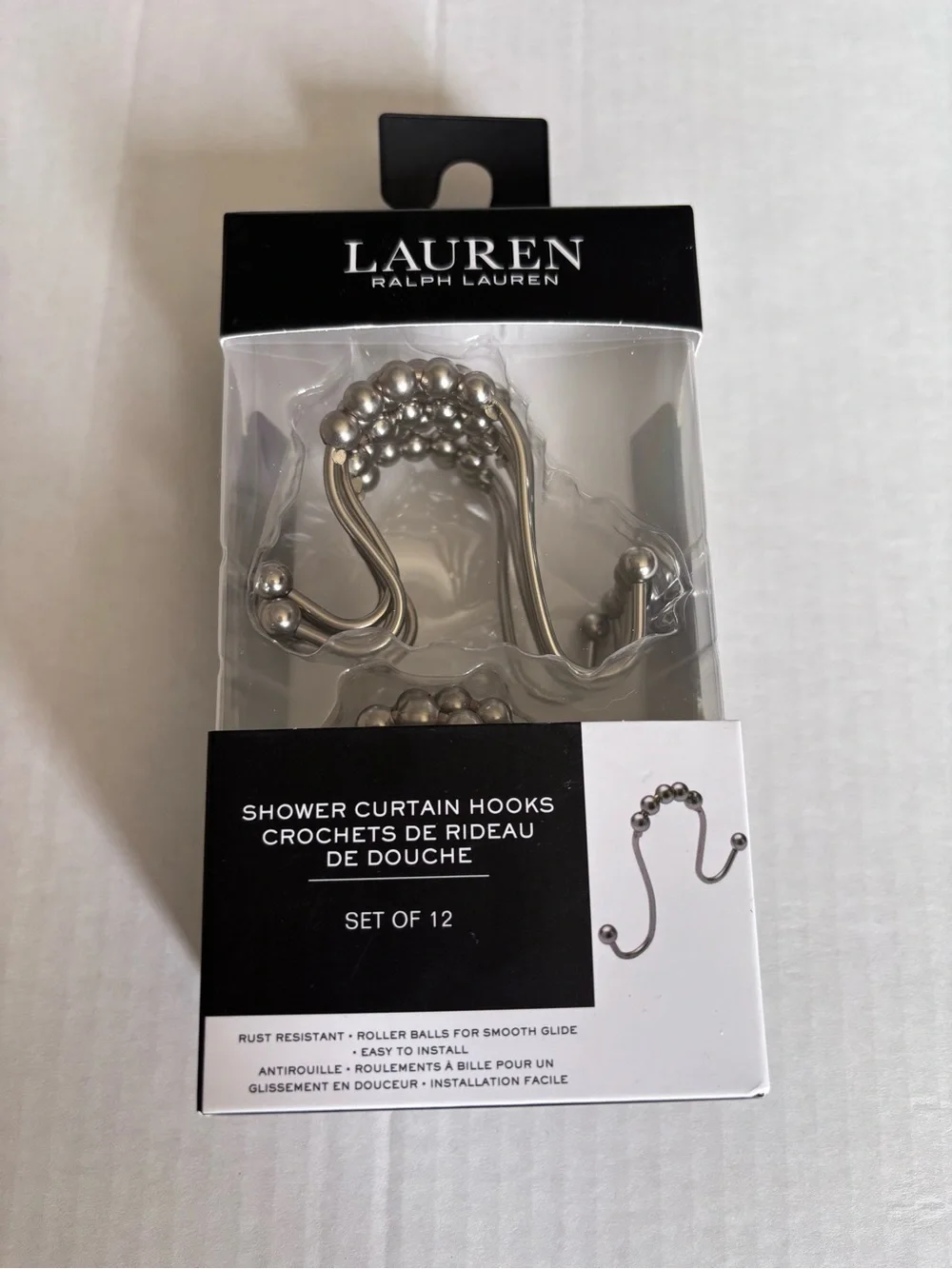 NIB Lauren Ralph Lauren Double Shower Curtain Hooks Set of 12 Silver
